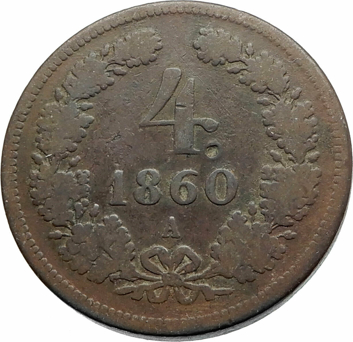 1860 AUSTRIA KING FRANZ JOSEPH I Antique Genuine 4 Kreuzer Austrian Coin i74820