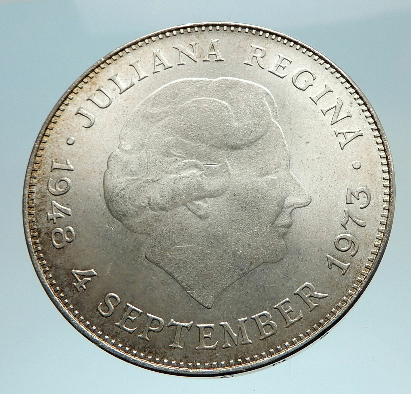 1973 Netherlands Kingdom Queen JULIANA Authentic Silver 10 Gulden Coin i76201