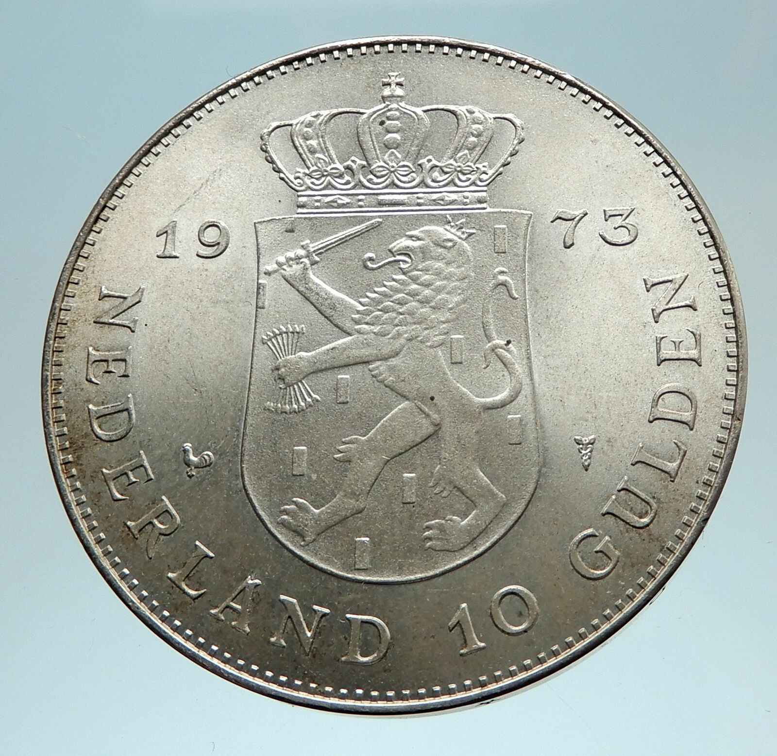 1973 Netherlands Kingdom Queen JULIANA Authentic Silver 10 Gulden Coin i76201