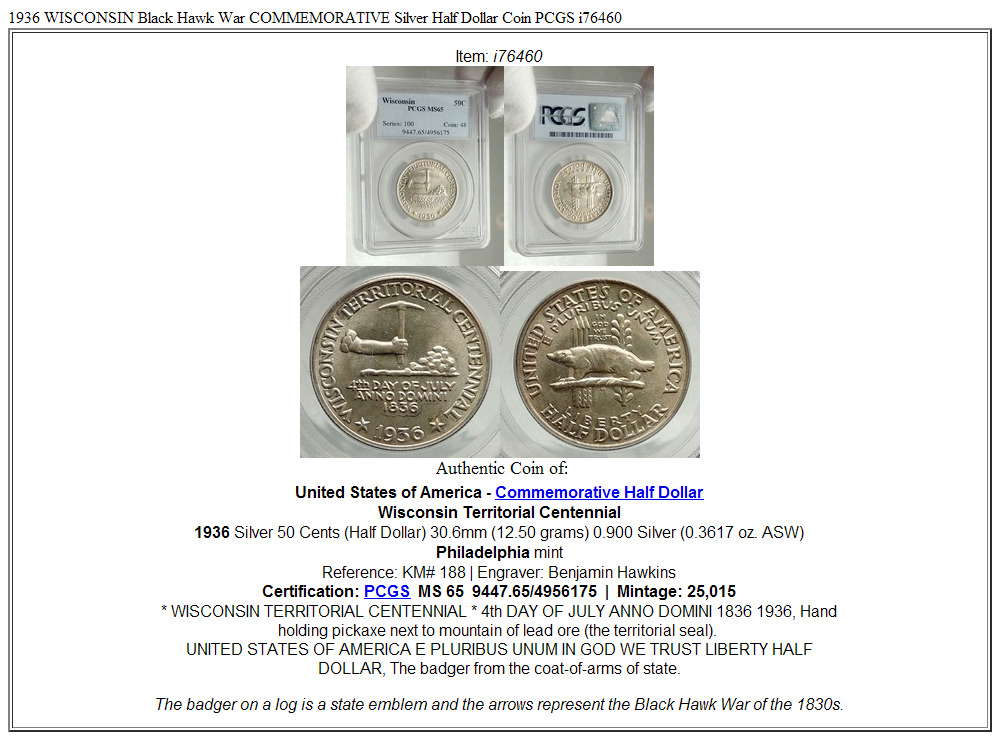 1936 WISCONSIN Black Hawk War COMMEMORATIVE Silver Half Dollar Coin PCGS i76460