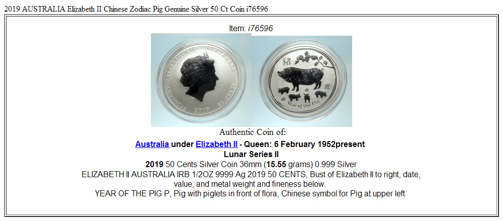 2019 AUSTRALIA Elizabeth II Chinese Zodiac Pig Genuine Silver 50 Ct Coin i76596