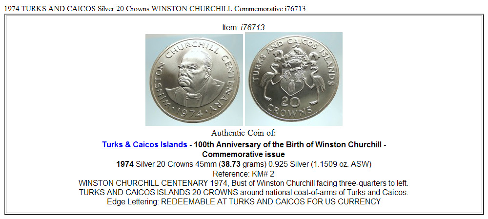 1974 TURKS AND CAICOS Silver 20 Crowns WINSTON CHURCHILL Commemorative i76713