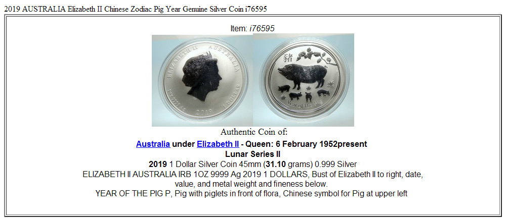 2019 AUSTRALIA Elizabeth II Chinese Zodiac Pig Year Genuine Silver Coin i76595