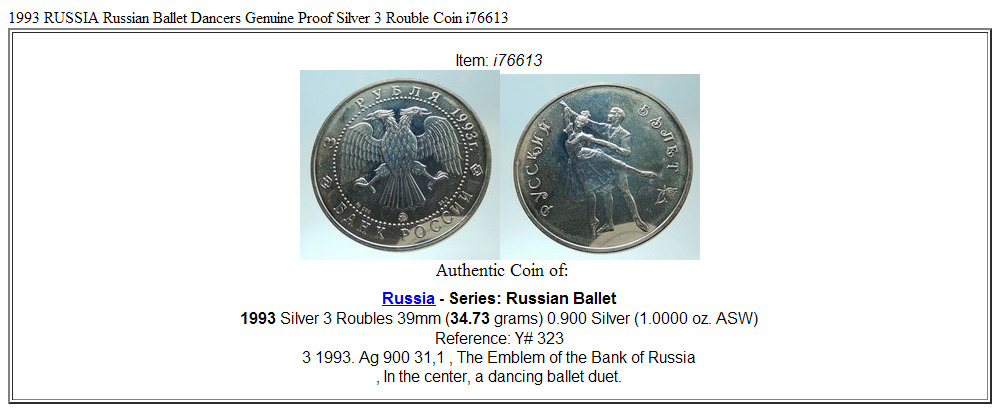 1993 RUSSIA Russian Ballet Dancers Genuine Proof Silver 3 Rouble Coin i76613