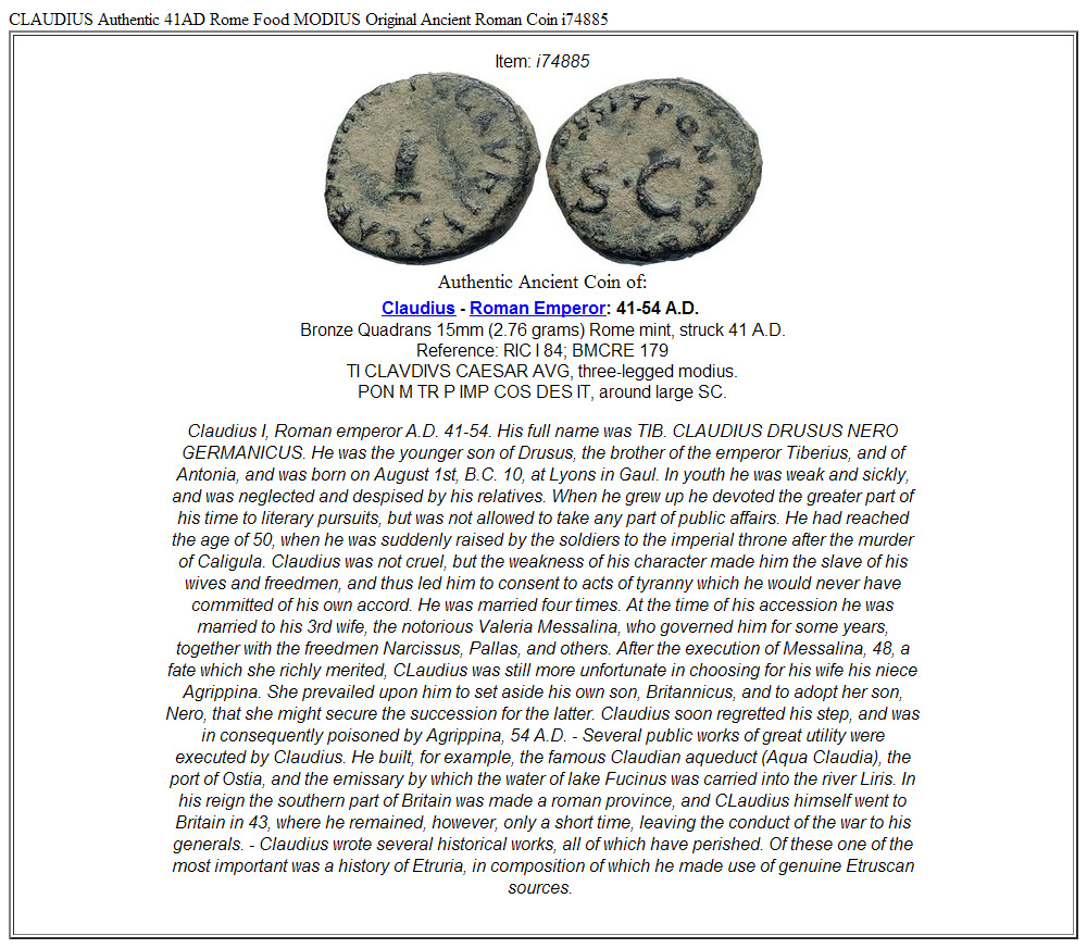 CLAUDIUS Authentic 41AD Rome Food MODIUS Original Ancient Roman Coin i74885
