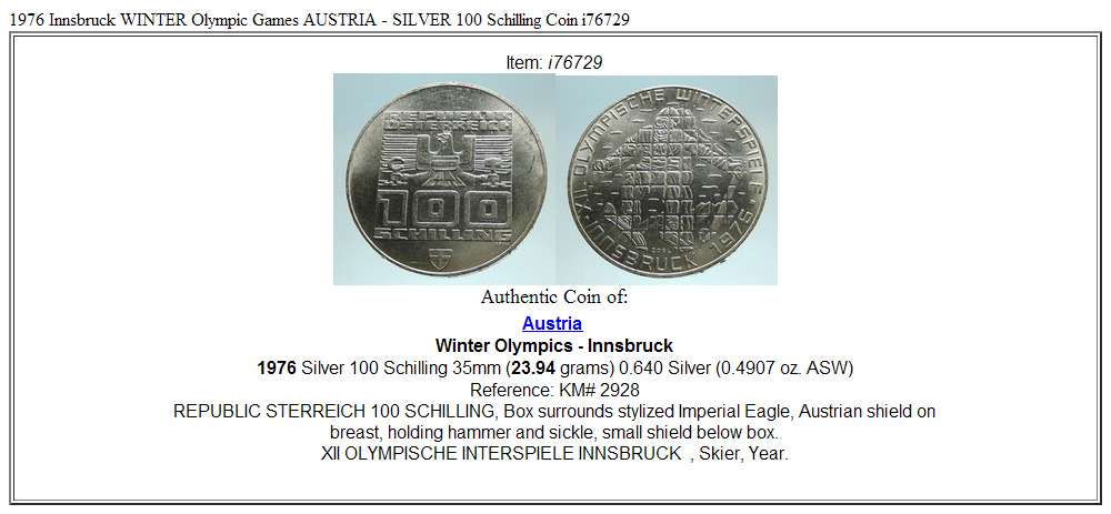 1976 Innsbruck WINTER Olympic Games AUSTRIA - SILVER 100 Schilling Coin i76729