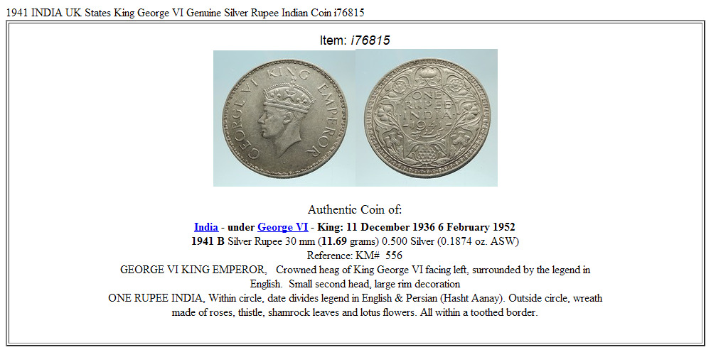 1941 INDIA UK States King George VI Genuine Silver Rupee Indian Coin i76815