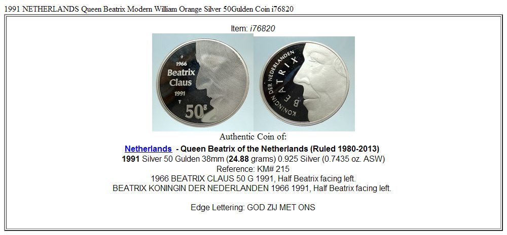 1991 NETHERLANDS Queen Beatrix Modern William Orange Silver 50Gulden Coin i76820