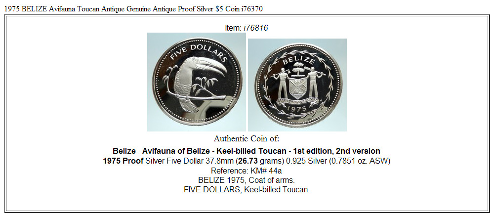 1975 BELIZE Avifauna Toucan Antique Genuine Antique Proof Silver $5 Coin i76816