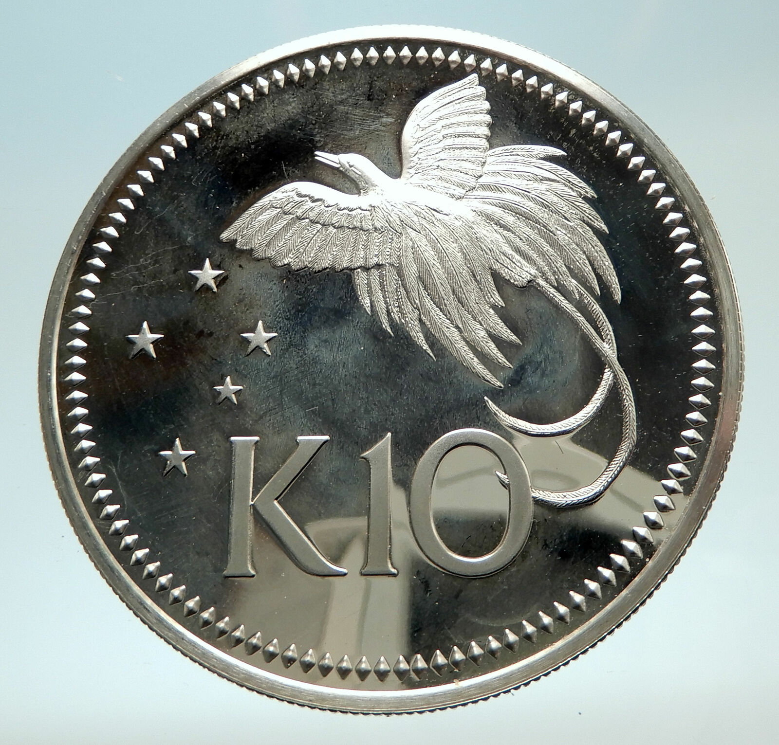 1980 PAPUA NEW GUINEA Large 4.5CM Exotic Bird Proof Silver 10 Kina Coin i76758