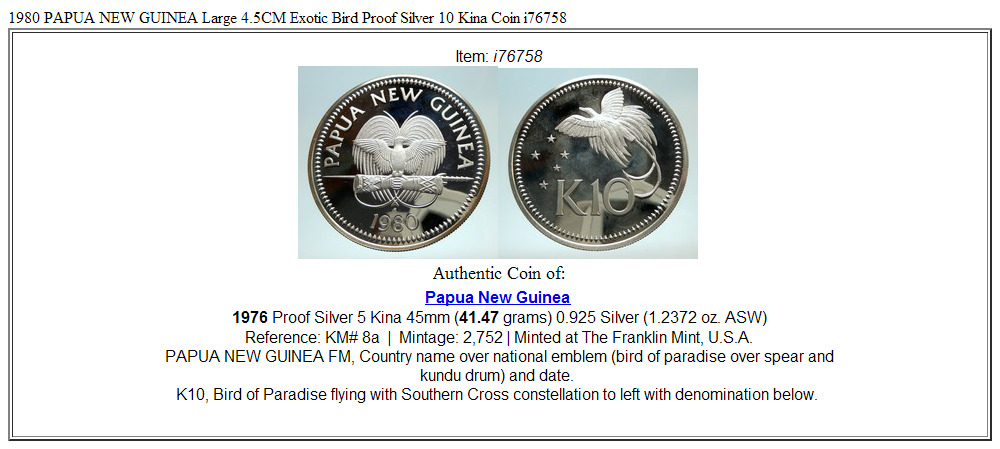 1980 PAPUA NEW GUINEA Large 4.5CM Exotic Bird Proof Silver 10 Kina Coin i76758