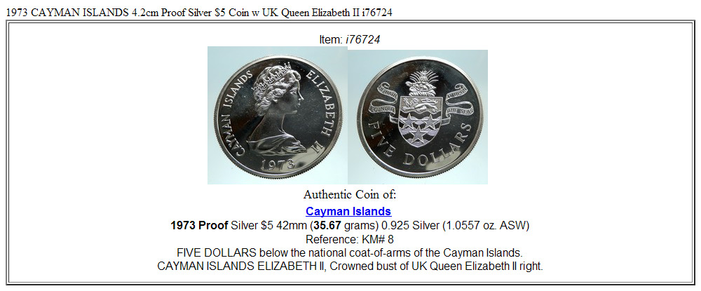 1973 CAYMAN ISLANDS 4.2cm Proof Silver $5 Coin w UK Queen Elizabeth II i76724