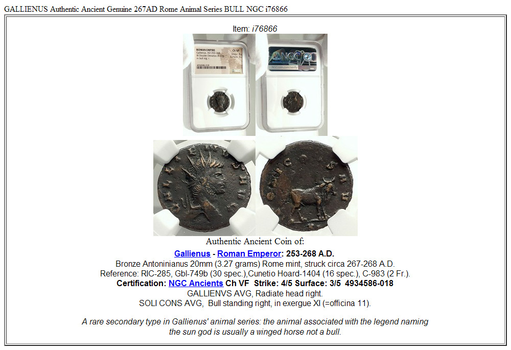 GALLIENUS Authentic Ancient Genuine 267AD Rome Animal Series BULL NGC i76866