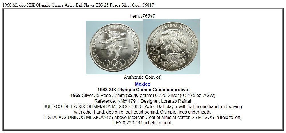 1968 Mexico XIX Olympic Games Aztec Ball Player BIG 25 Pesos Silver Coin i76817