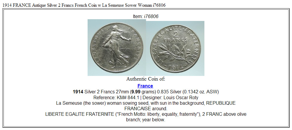 1914 FRANCE Antique Silver 2 Francs French Coin w La Semeuse Sower Woman i76806