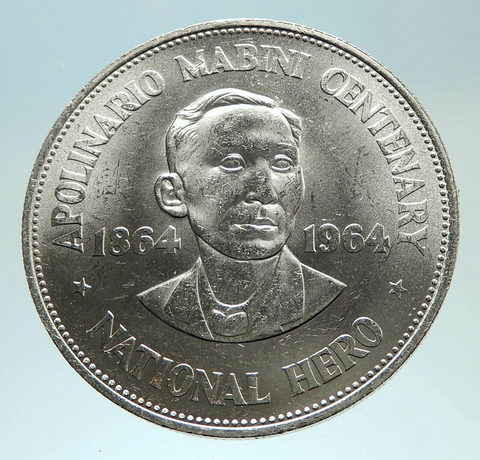 1964 PHILIPPINES Birth of HERO Apolinario Mabini Large 1 Peso SILVER Coin i76811