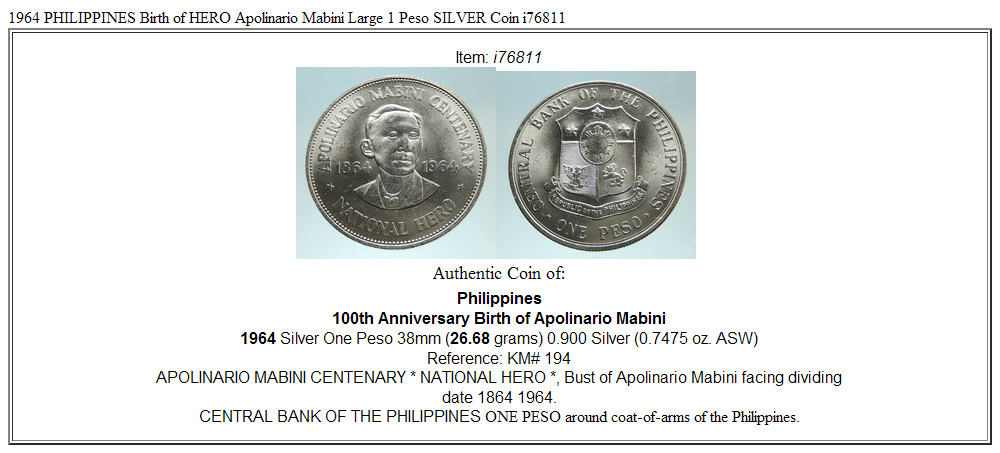 1964 PHILIPPINES Birth of HERO Apolinario Mabini Large 1 Peso SILVER Coin i76811