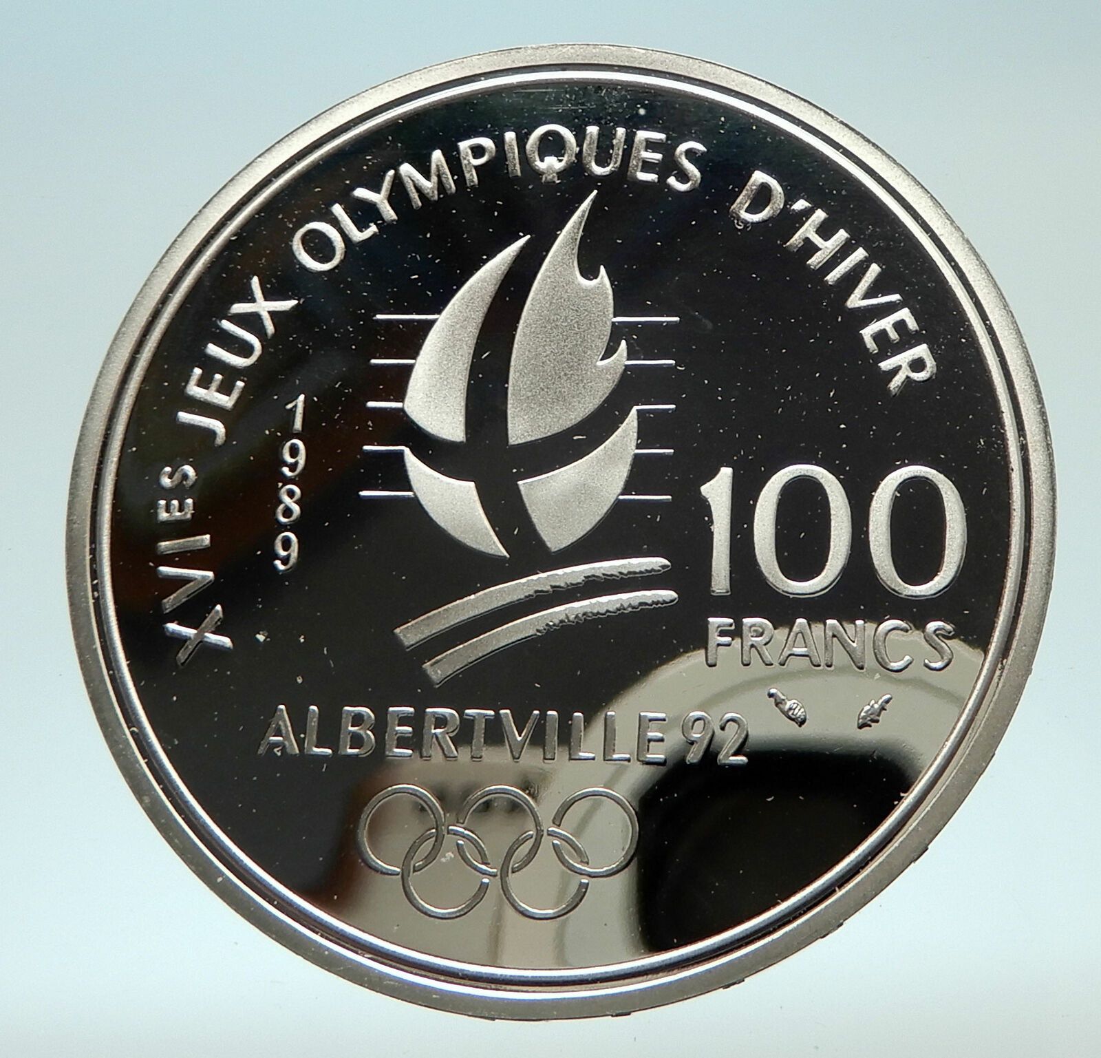 1989 FRANCE Figure Skating 1992 Olympics Proof Silver 100 Francs Coin i76885