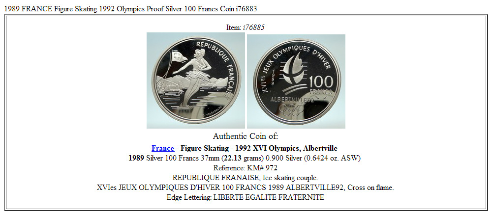 1989 FRANCE Figure Skating 1992 Olympics Proof Silver 100 Francs Coin i76885