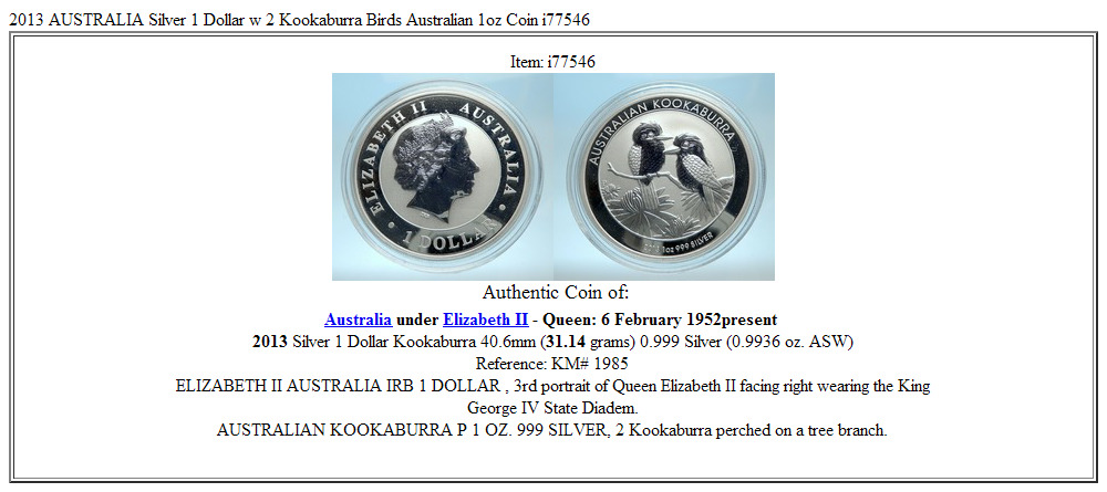 2013 AUSTRALIA Silver 1 Dollar w 2 Kookaburra Birds Australian 1oz Coin i77546