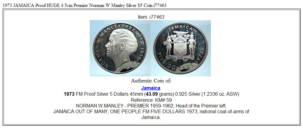 1973 JAMAICA Proof HUGE 4.5cm Premier Norman W Manley Silver $5 Coin i77463