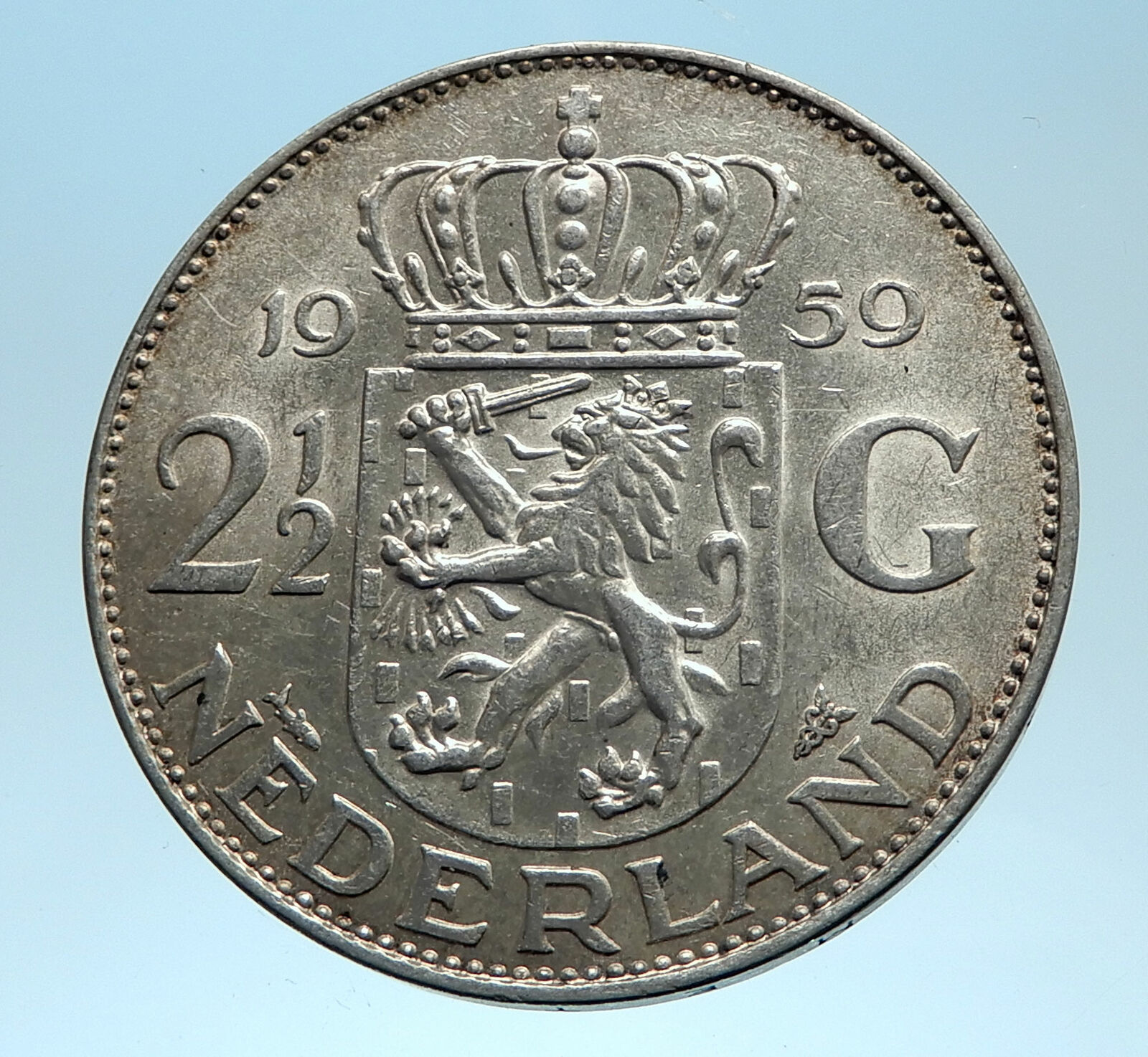 1959 Netherlands Kingdom Queen JULIANA Authentic Silver 2 1/2 Gulden Coin i77491