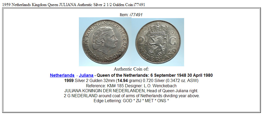 1959 Netherlands Kingdom Queen JULIANA Authentic Silver 2 1/2 Gulden Coin i77491