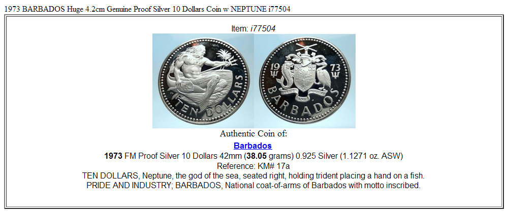 1973 BARBADOS Huge 4.2cm Genuine Proof Silver 10 Dollars Coin w NEPTUNE i77504