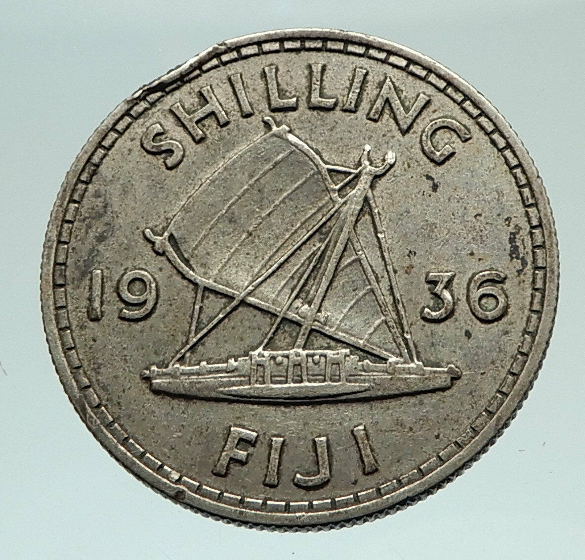 1936 FIJI UK King GEORGE V Outrigger Canoe Genuine Silver Shilling Coin i77009