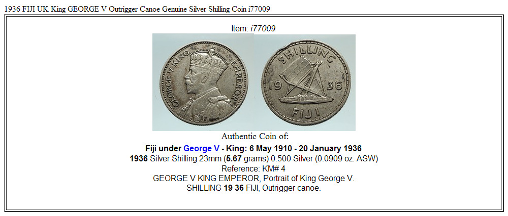 1936 FIJI UK King GEORGE V Outrigger Canoe Genuine Silver Shilling Coin i77009