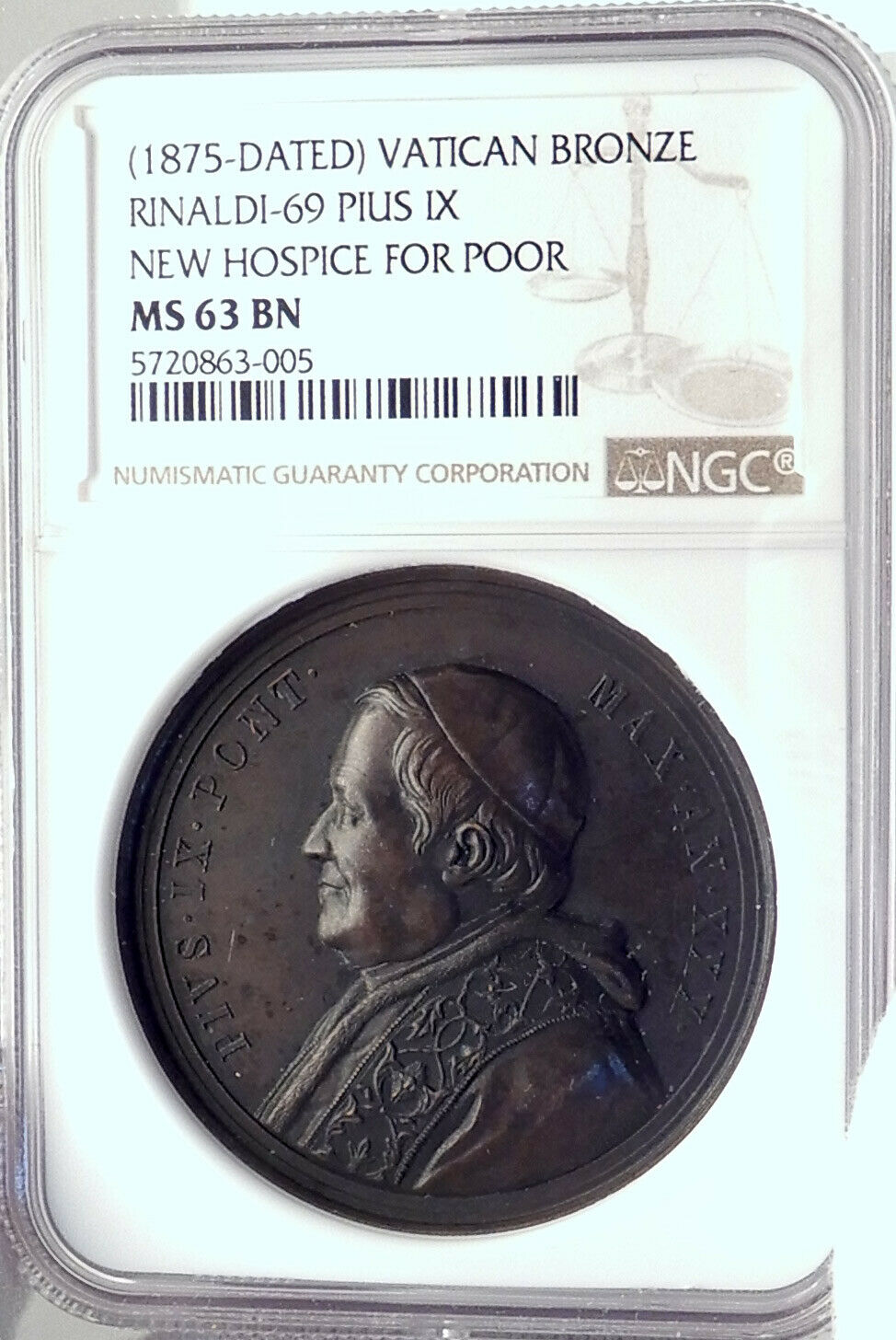 1875 ITALY Vatican Christian POPE PIUS IX Opens HOSPICE Antique Medal NGC i82377