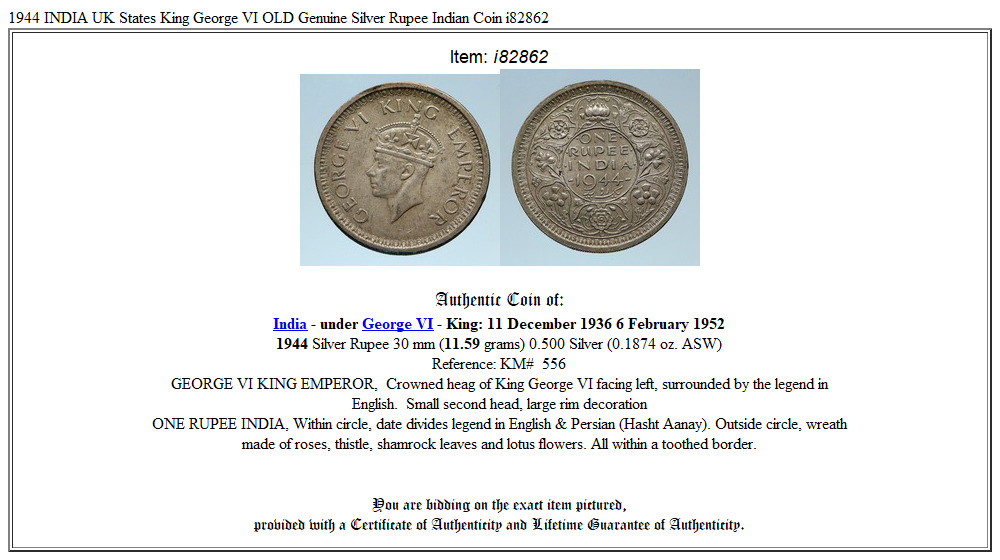 1944 INDIA UK States King George VI OLD Genuine Silver Rupee Indian Coin i82862