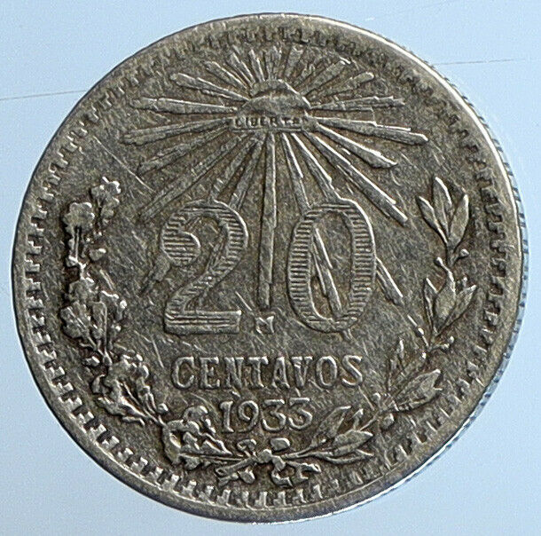 1933 MEXICO Pythagorian Cap of LIBERTY Antique 20 Centavos Silver Coin i110983