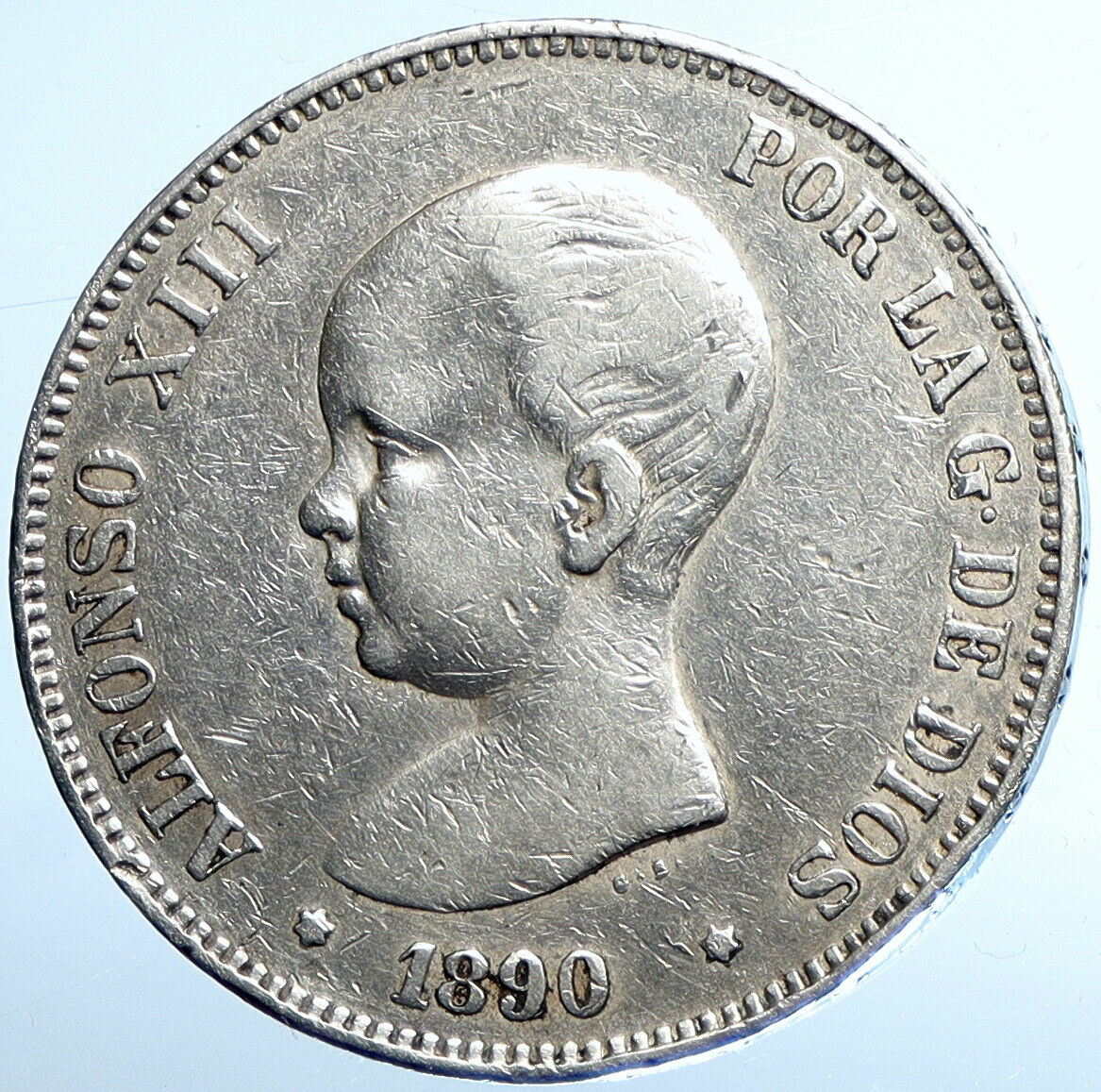 1890 SPAIN with Spanish King ALFONSO XIII Antique Silver 5 Pesetas Coin i111000