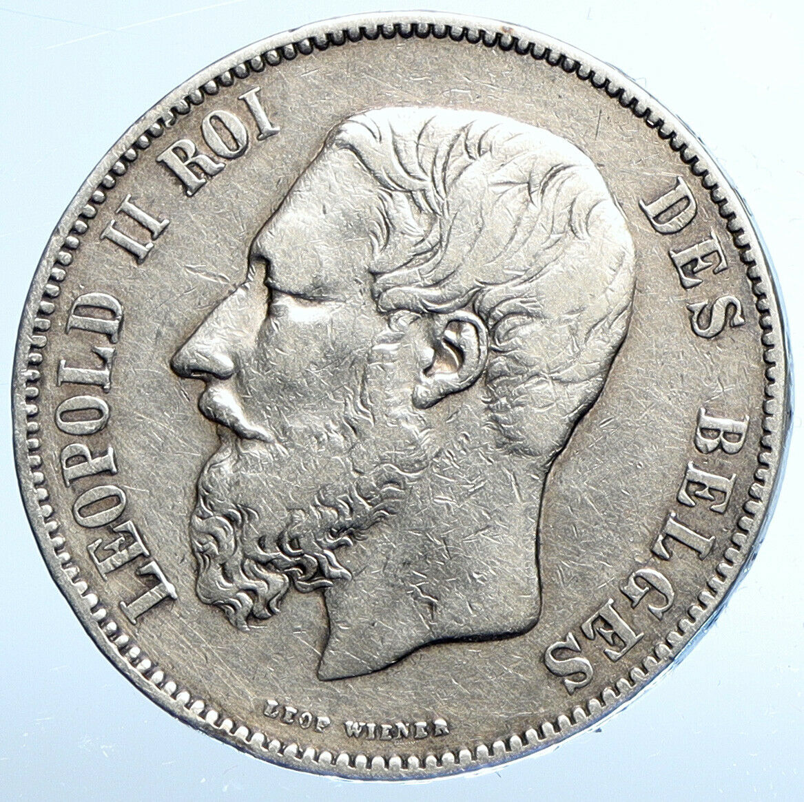 1876 BELGIUM with King LEOPOLD II and LION Genuine Silver 5 Francs Coin i111005