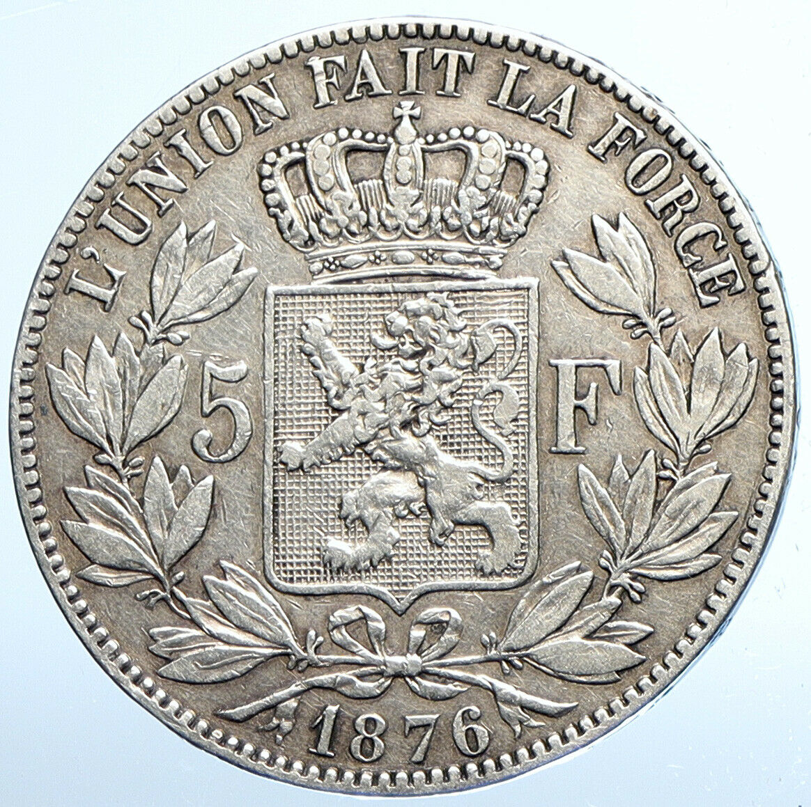 1876 BELGIUM with King LEOPOLD II and LION Genuine Silver 5 Francs Coin i111005