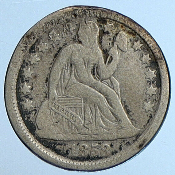 1858 P UNITED STATES US Silver SEATED LIBERTY Vintage Antique Dime Coin i111032