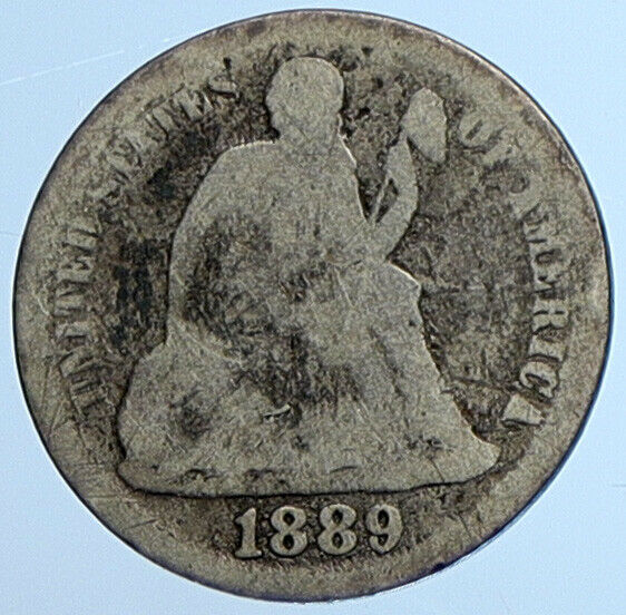 1889 P UNITED STATES US Silver SEATED LIBERTY Vintage Antique Dime Coin i111031