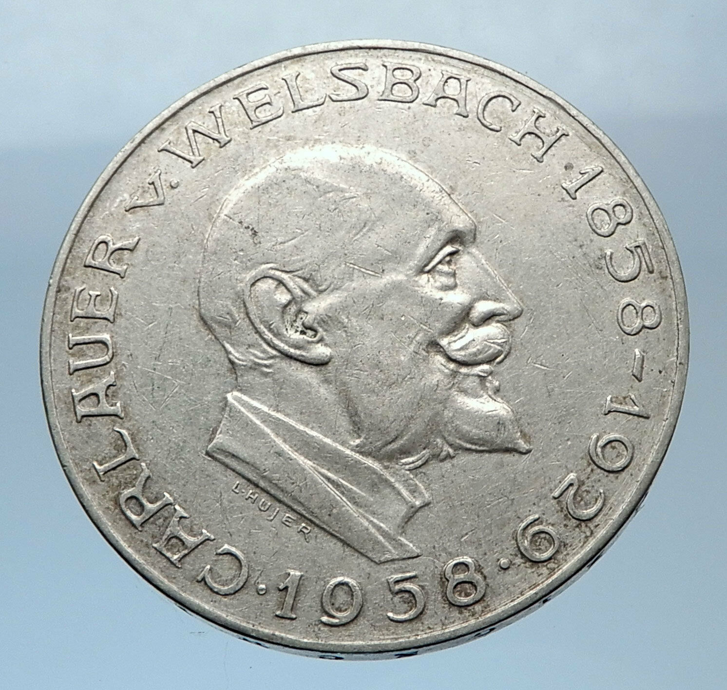 1958 AUSTRIA Chemist Auer von Welsbach Antique Silver 25 Schilling Coin i72427