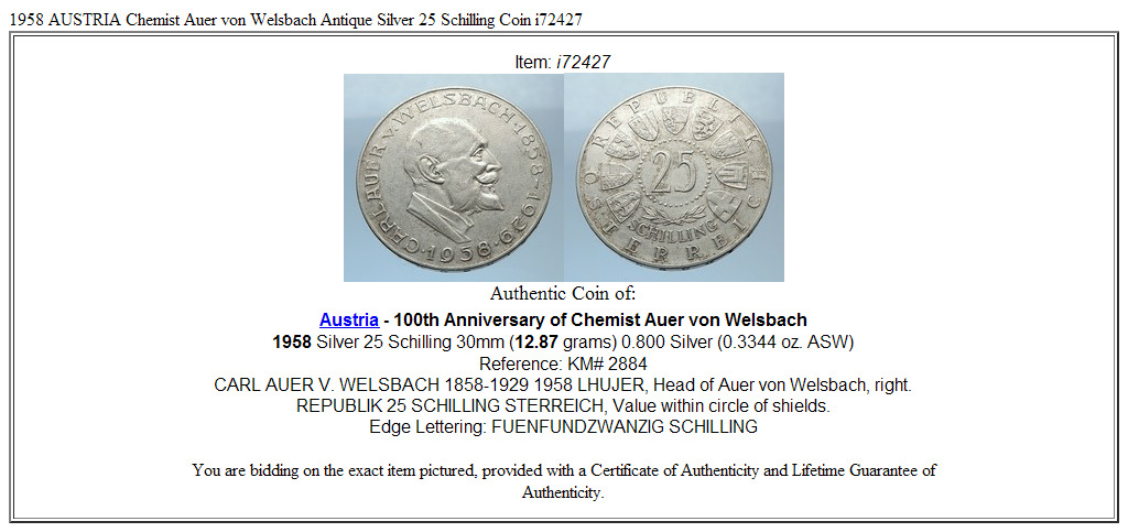 1958 AUSTRIA Chemist Auer von Welsbach Antique Silver 25 Schilling Coin i72427