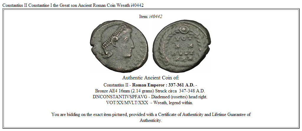 Constantius II Constantine I the Great son Ancient Roman Coin Wreath i40442