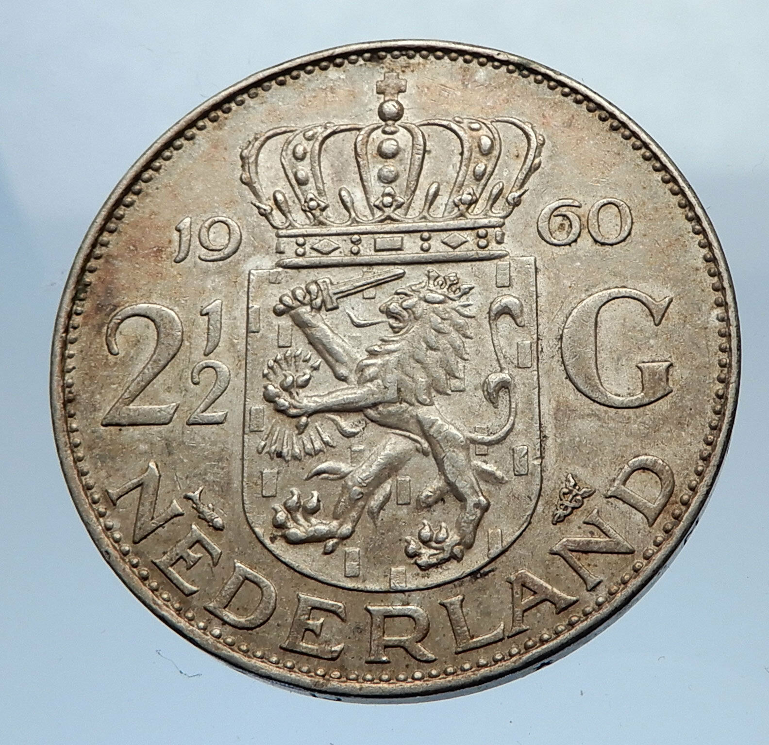 1960 Netherlands Kingdom Queen JULIANA 2 1/2 Gulden Authentic Silver Coin i69475