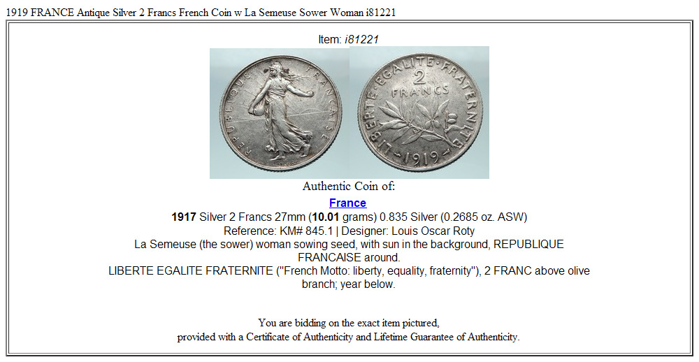 1919 FRANCE Antique Silver 2 Francs French Coin w La Semeuse Sower Woman i81221