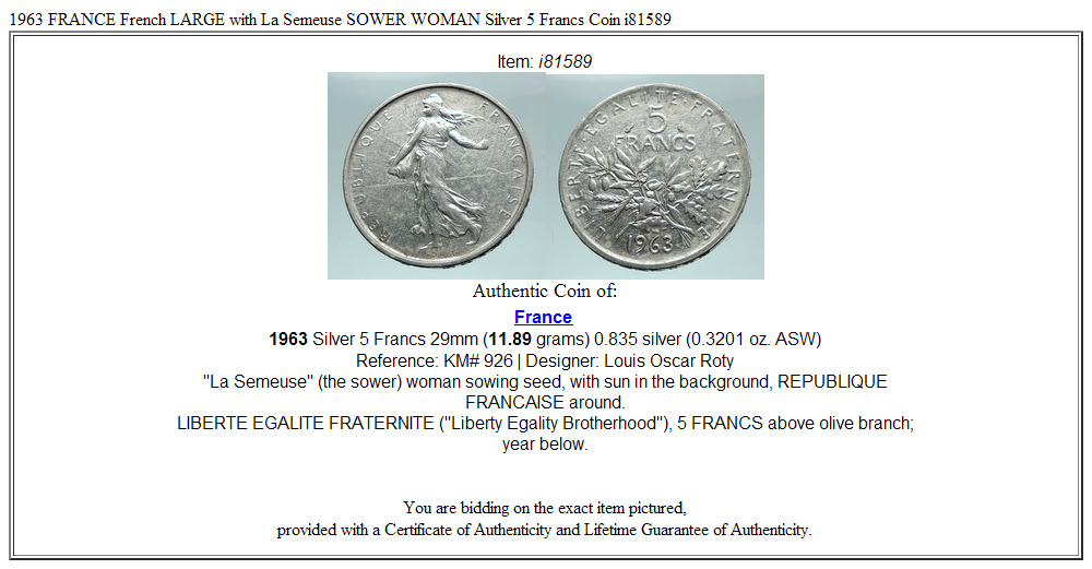 1963 FRANCE French LARGE with La Semeuse SOWER WOMAN Silver 5 Francs Coin i81589