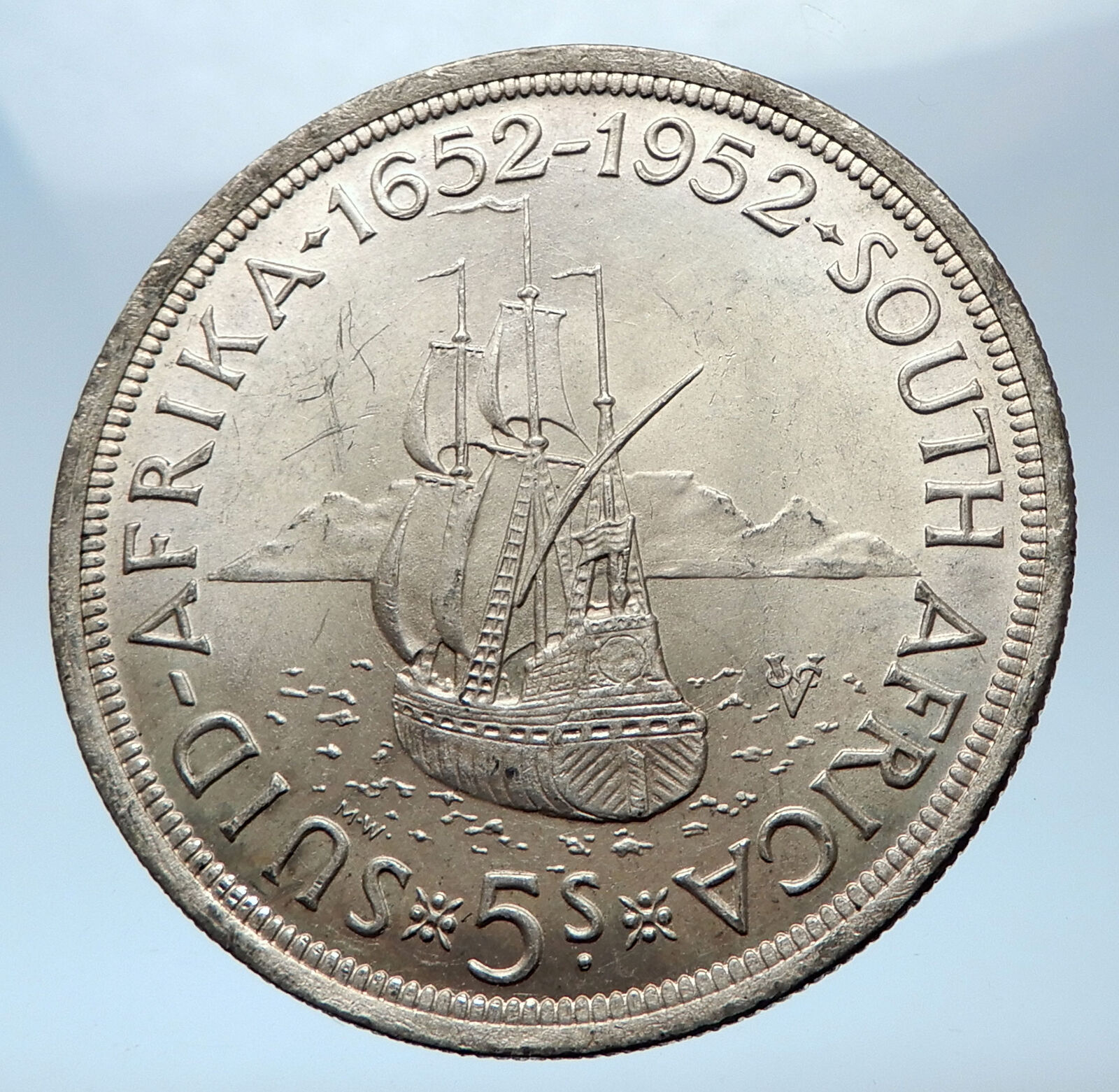 1952 SOUTH AFRICA 300th Cape Town Riebeeck w SHIP Silver 5 Shillings Coin i73874