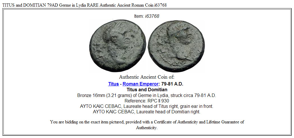 TITUS and DOMITIAN 79AD Germe in Lydia RARE Authentic Ancient Roman Coin i63768
