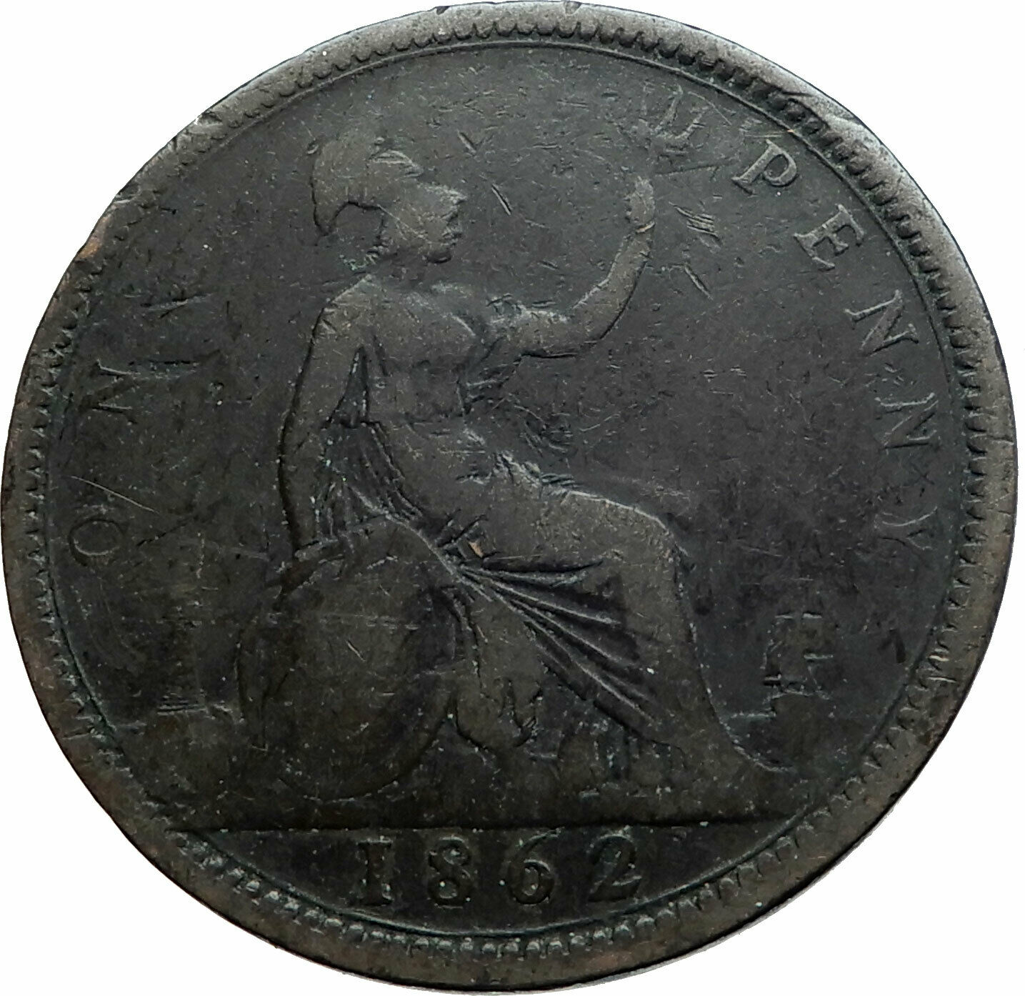 1862 UK Great Britain United Kingdom QUEEN VICTORIA Genuine Penny Coin i79514