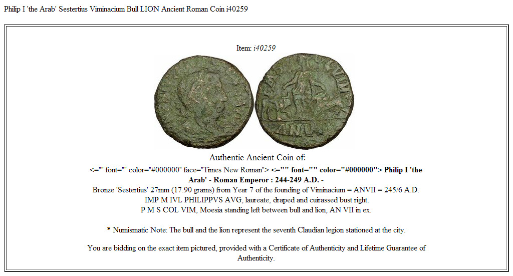 Philip I 'the Arab' Sestertius Viminacium Bull LION Ancient Roman Coin i40259