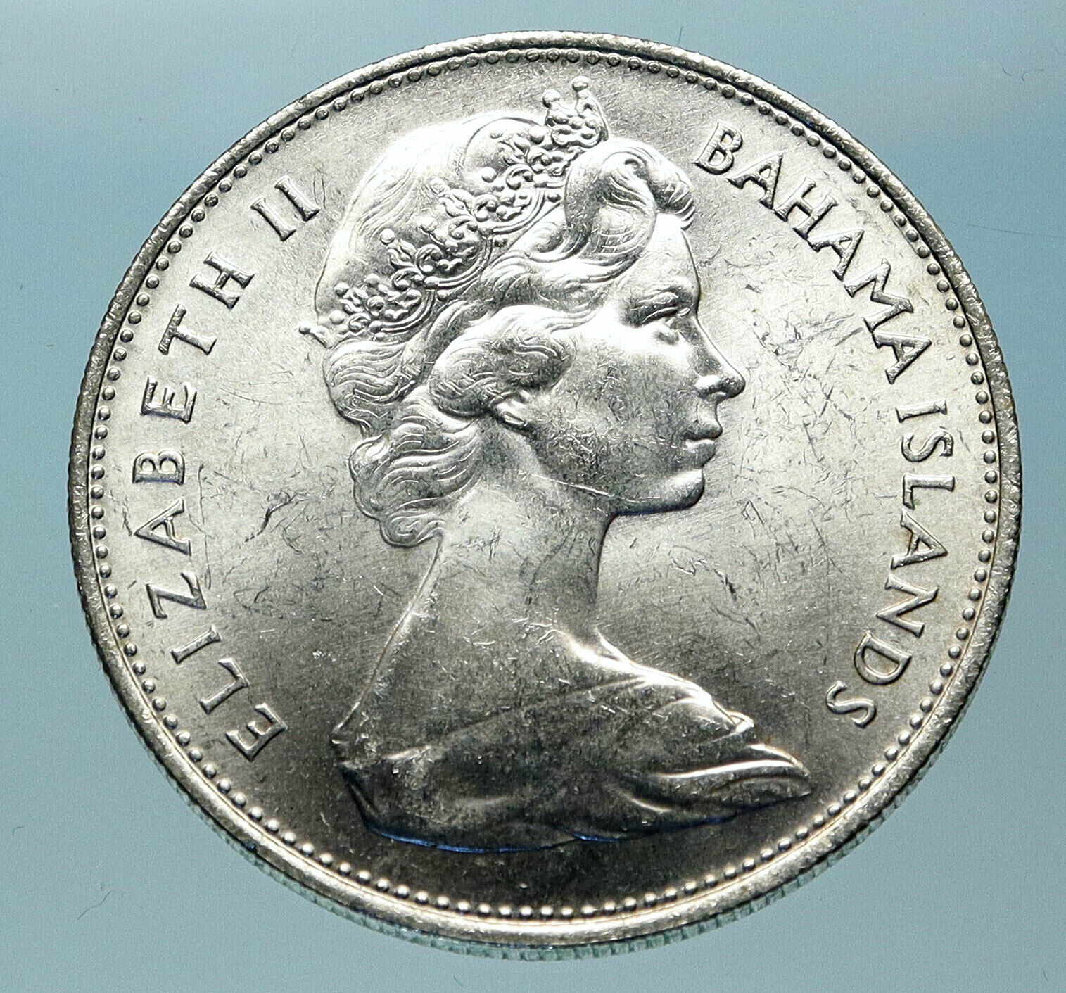 1966 BAHAMAS British Queen Elizabeth II w CONCH SHELL Silver Dollar Coin i83821