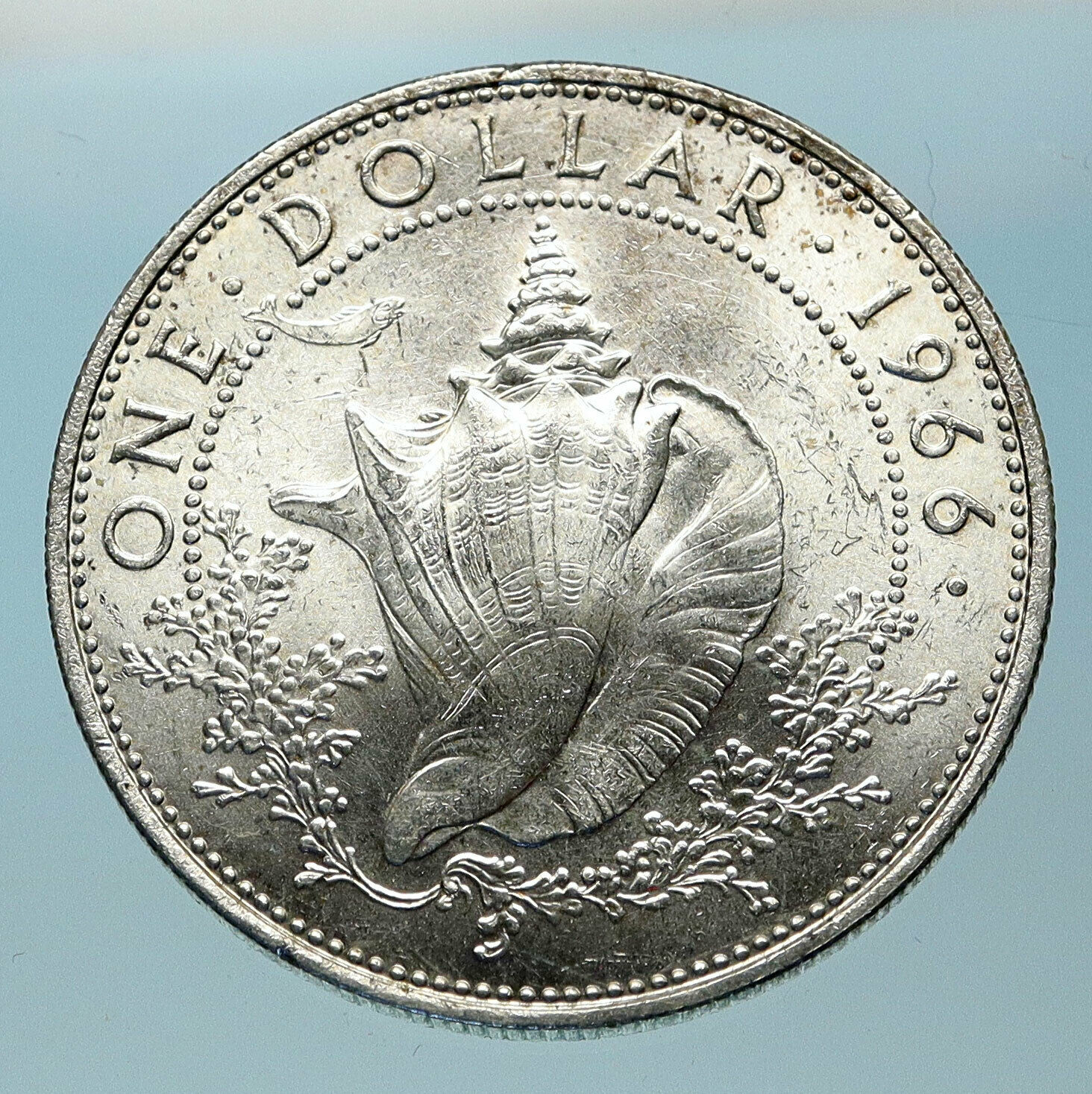 1966 BAHAMAS British Queen Elizabeth II w CONCH SHELL Silver Dollar Coin i83821